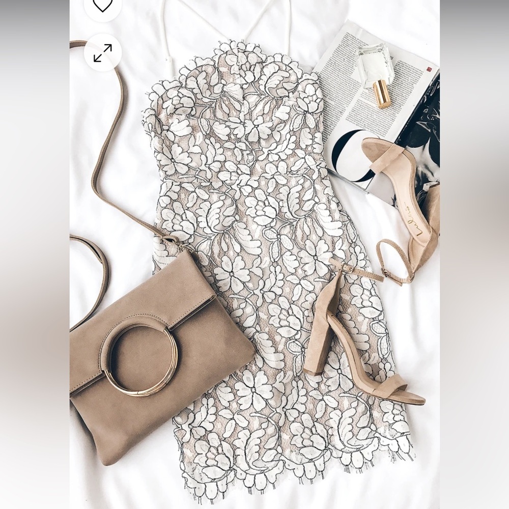 Lulus “Delicate Darling” Beige and Ivory Lace Bodycon Dress